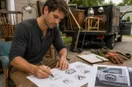 A junk removal operator sketching logo concepts in marker on graph paper, in a natural documentary style.