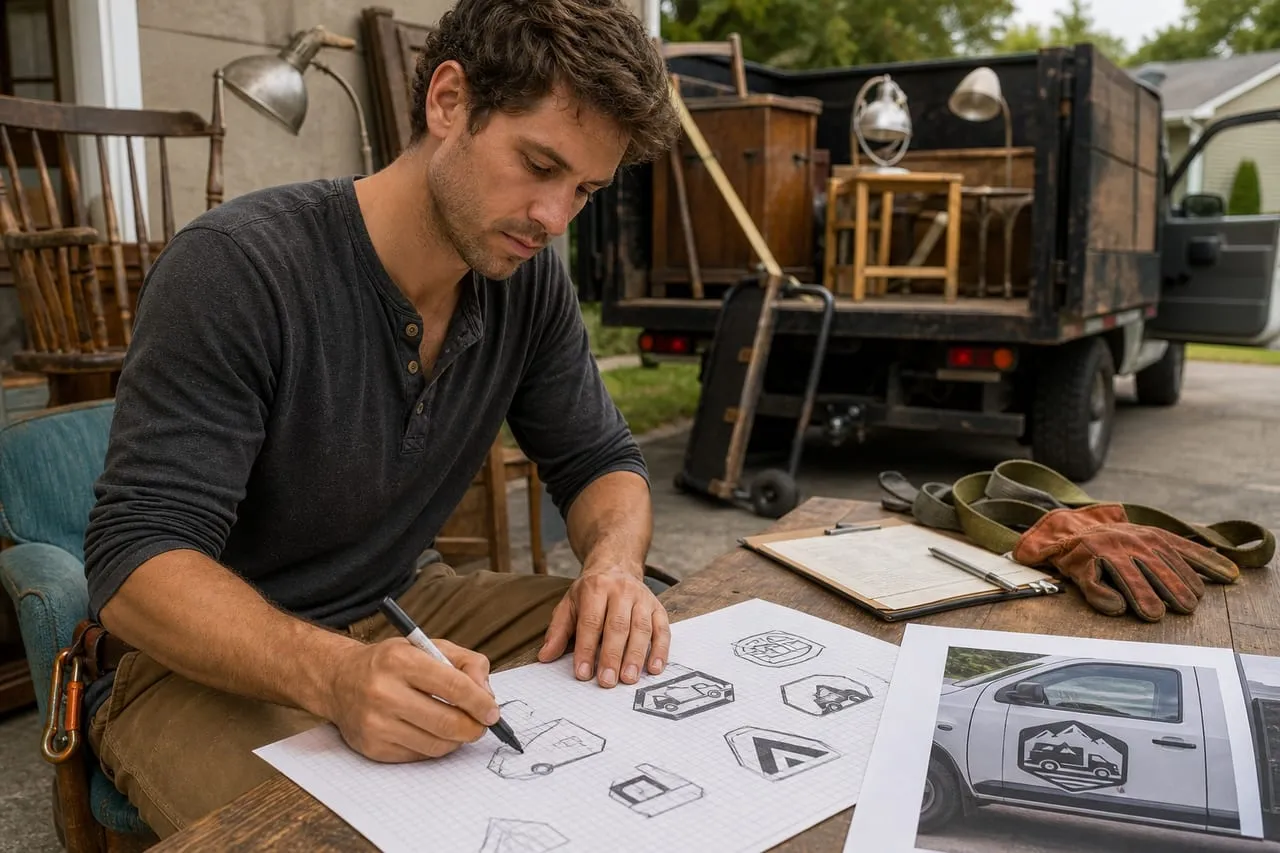 A junk removal operator sketching logo concepts in marker on graph paper, in a natural documentary style.
