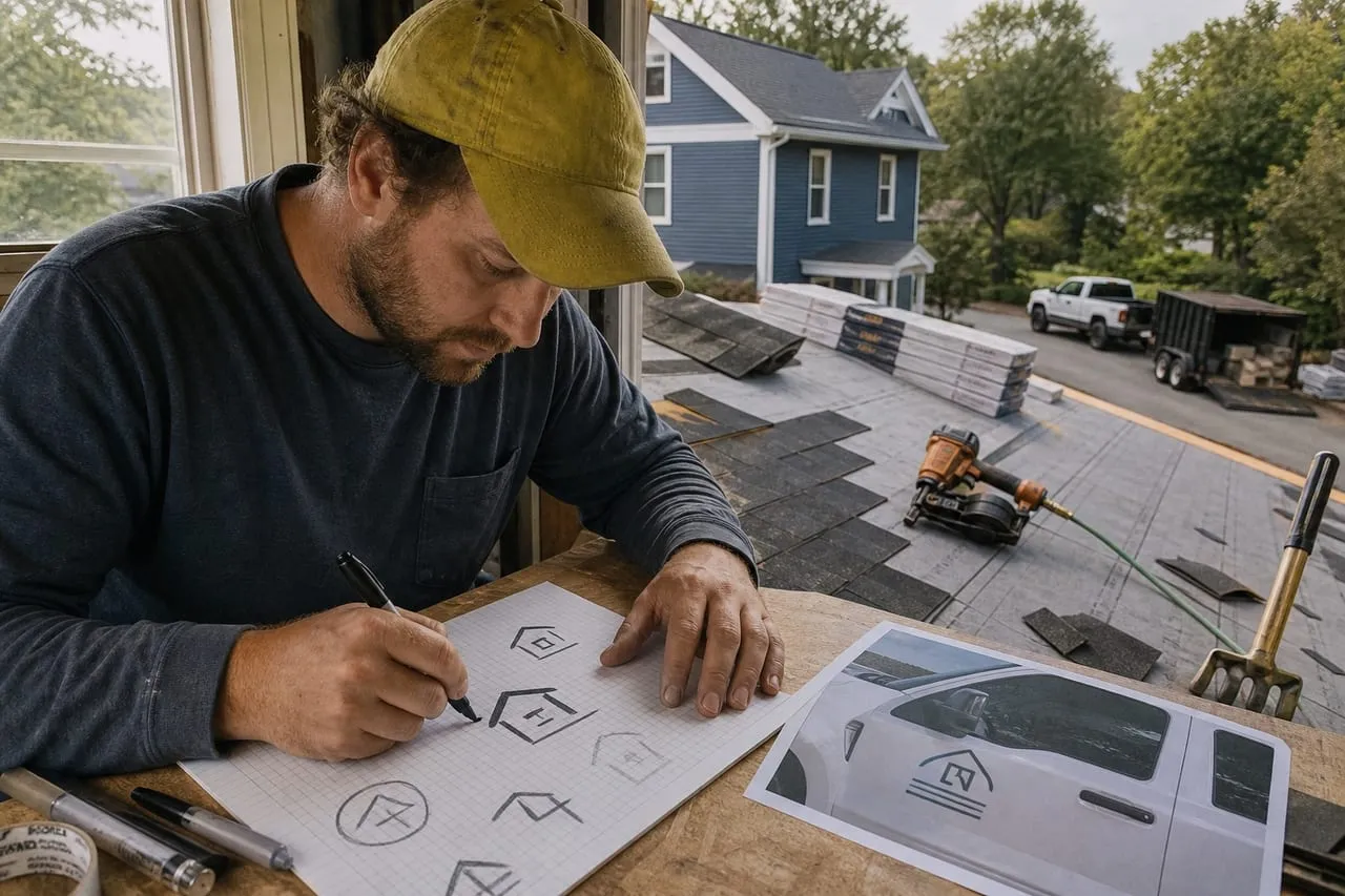 A roofing contractor sketching logo concepts in marker on graph paper, in a natural documentary style.