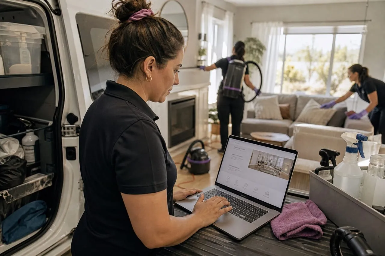 A cleaning business owner reviewing a website mock-up on a laptop at the work site, in a natural documentary style.
