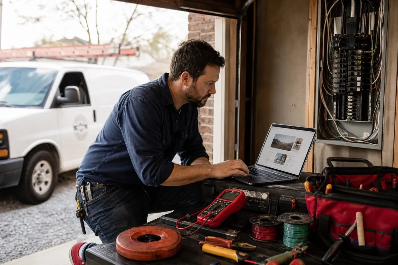 An electrician reviewing a website mock-up on a laptop at the work site, in a natural documentary style.
