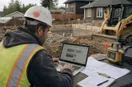 A site contractor reviewing a website mock-up on a laptop at the work site, in a natural documentary style.