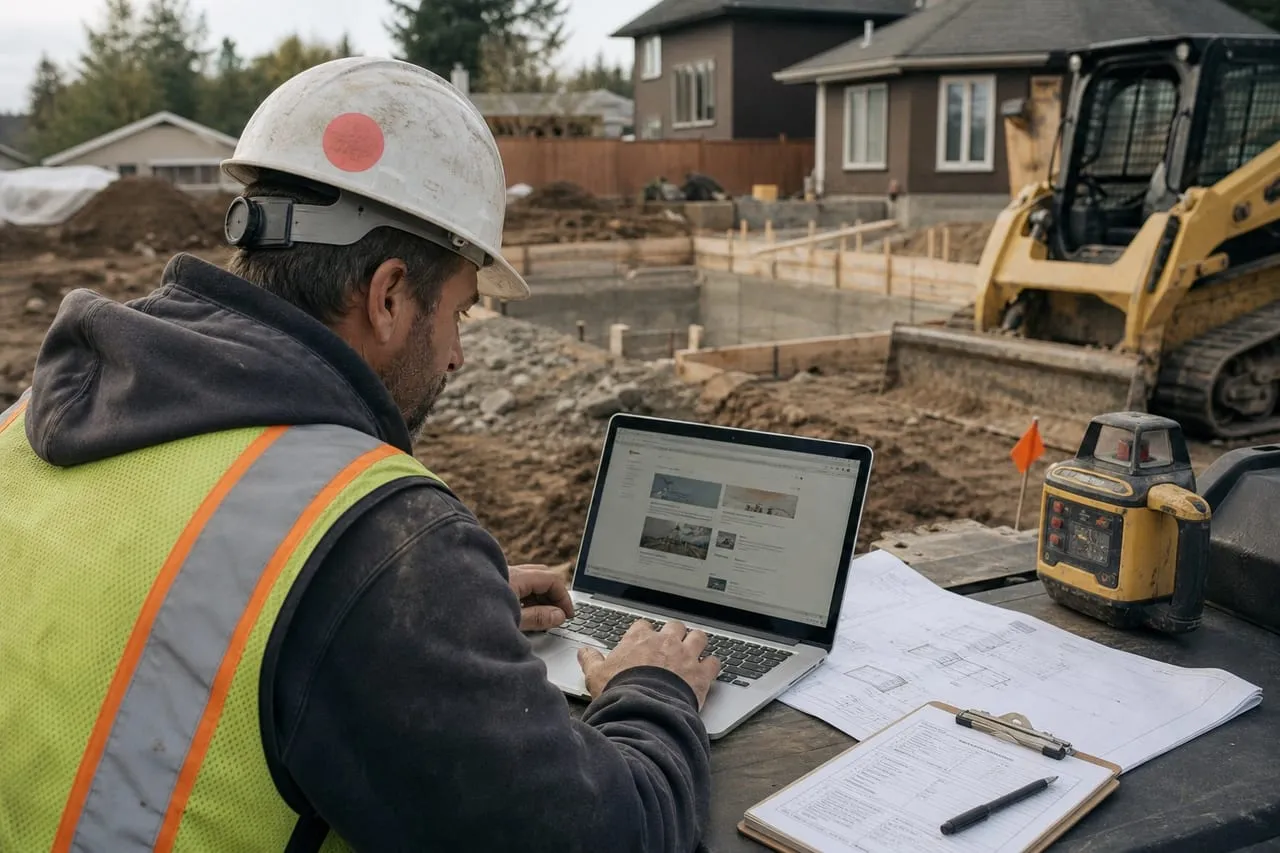 A site contractor reviewing a website mock-up on a laptop at the work site, in a natural documentary style.