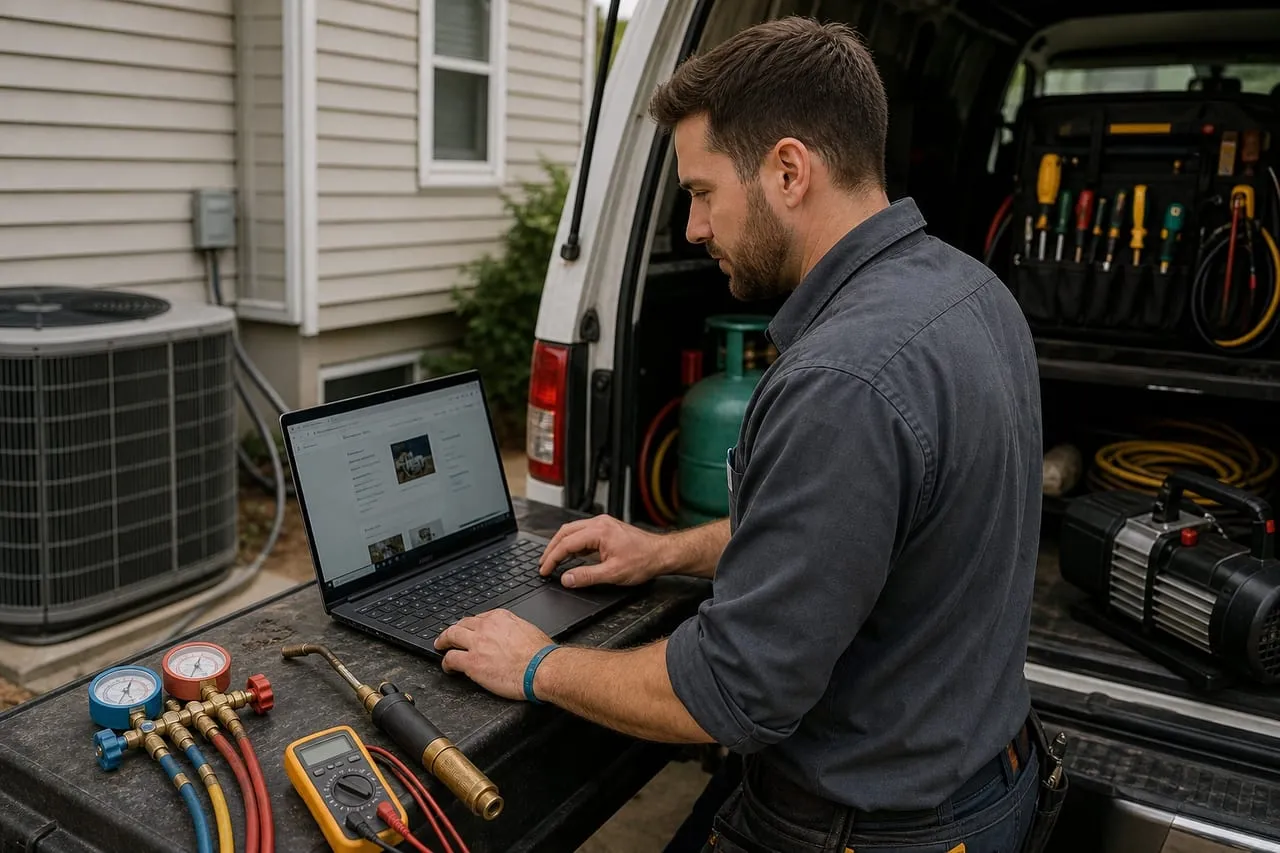 An HVAC technician reviewing a website mock-up on a laptop at the work site, in a natural documentary style.