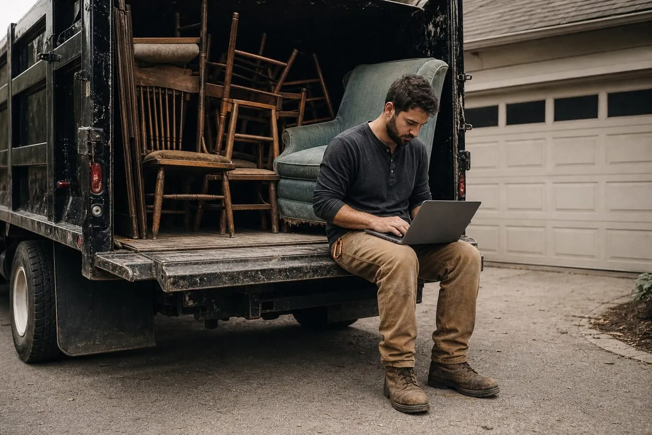 A junk-removal operator sitting on the open tailgate of a dump truck working on a laptop, with stacked wooden chairs and a teal armchair visible in the truck bed.