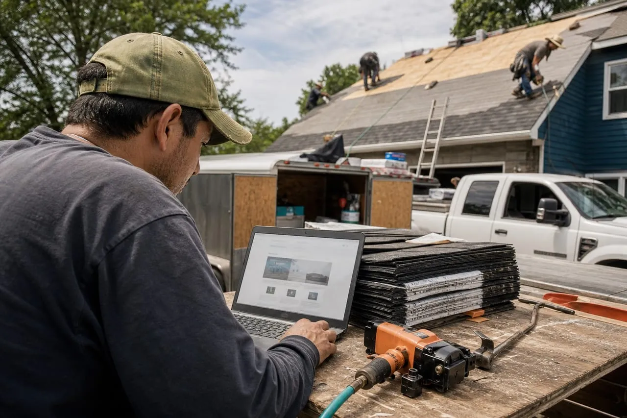 A roofing contractor reviewing a website mock-up on a laptop at the work site, in a natural documentary style.