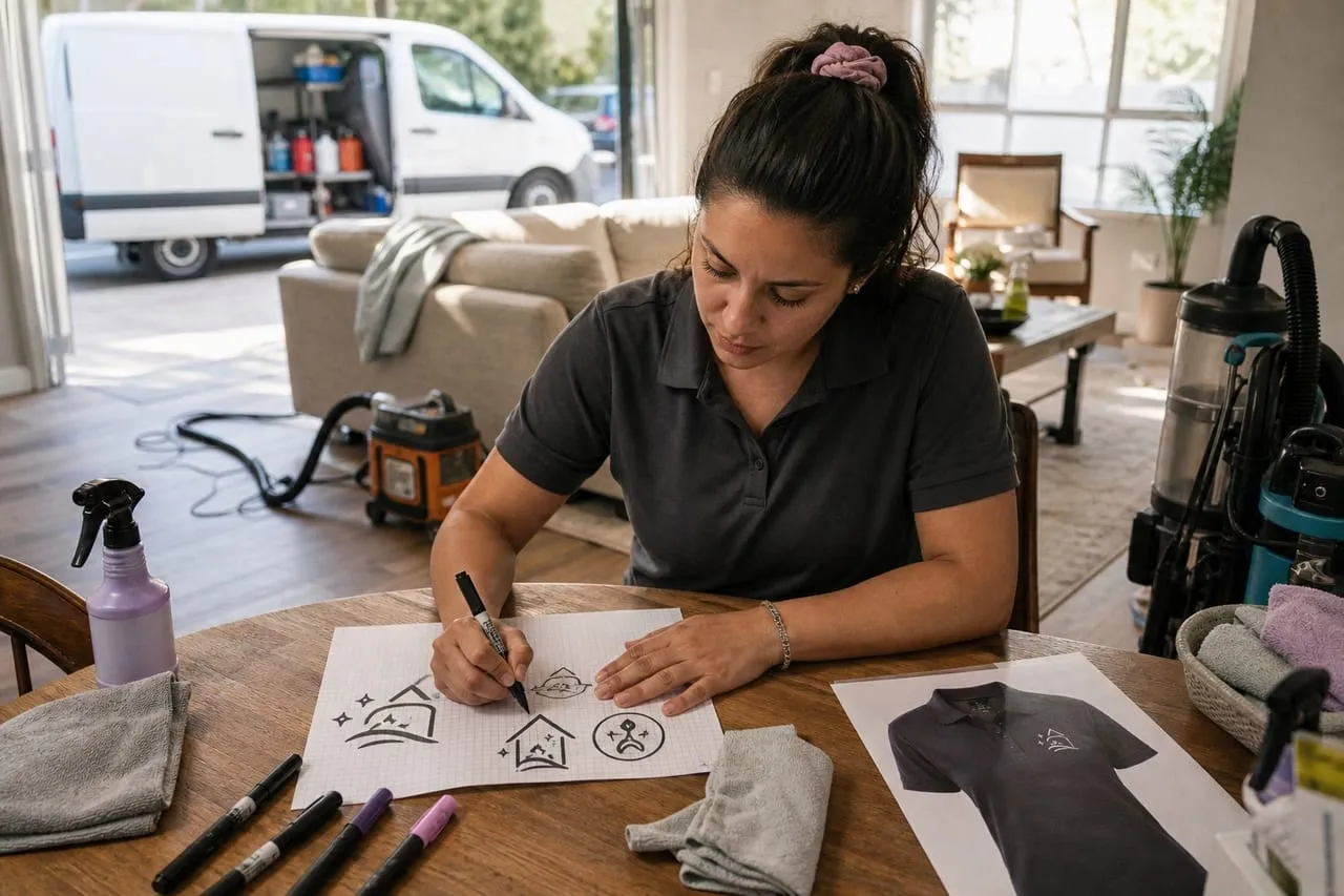 A cleaning business owner sketching logo concepts in marker on graph paper, in a natural documentary style.