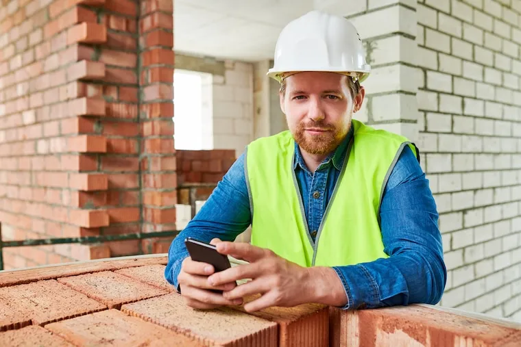 A contractor filming himself on a phone at a framing jobsite for a TikTok video, shot in a plain documentary style.
