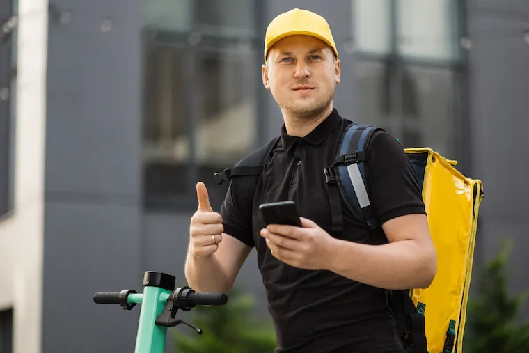 A delivery business owner reviewing a Facebook ad on a laptop beside a stack of packages, in a natural documentary style.