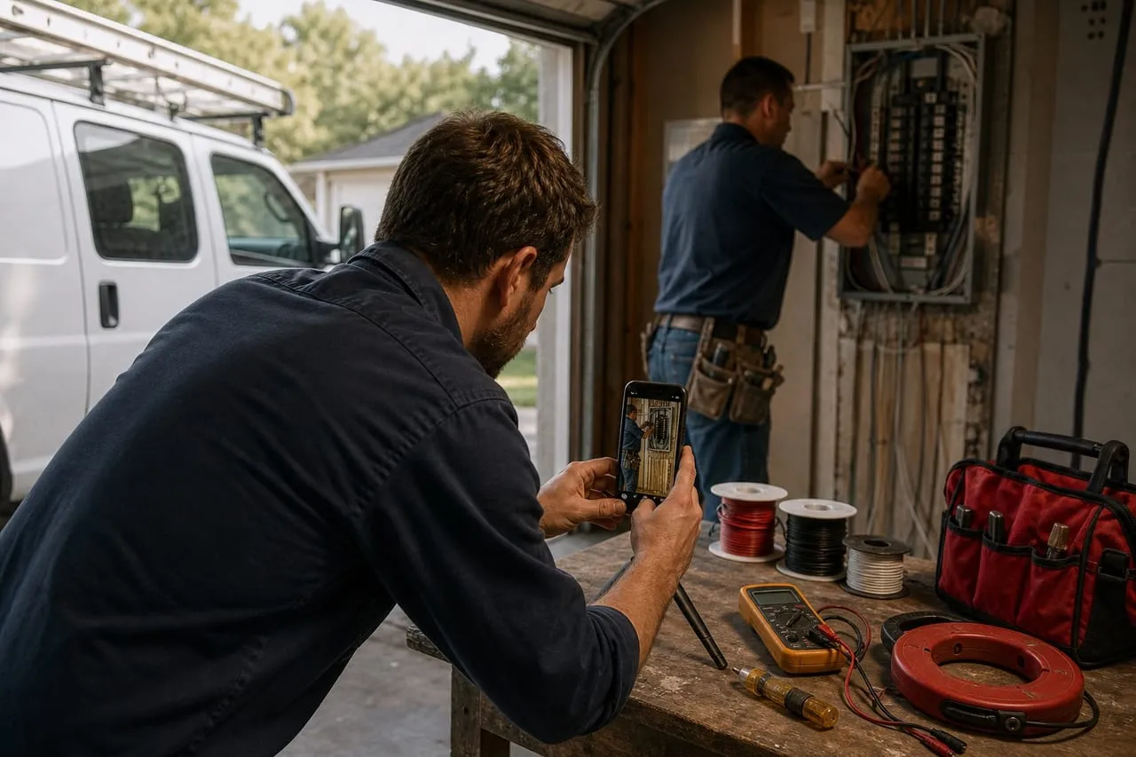 A phone on a small tripod filming an electrician at work, in a natural documentary style.