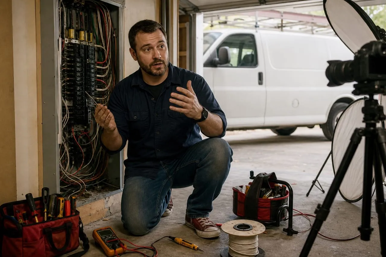 An electrician explaining a technique to an off-frame camera in the workshop, in a natural documentary style.