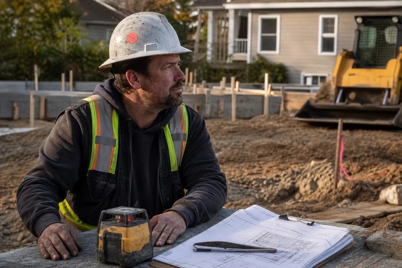 A site contractor installing a yard sign at the curb of a finished job, in a natural documentary style.