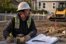 A site contractor installing a yard sign at the curb of a finished job, in a natural documentary style.