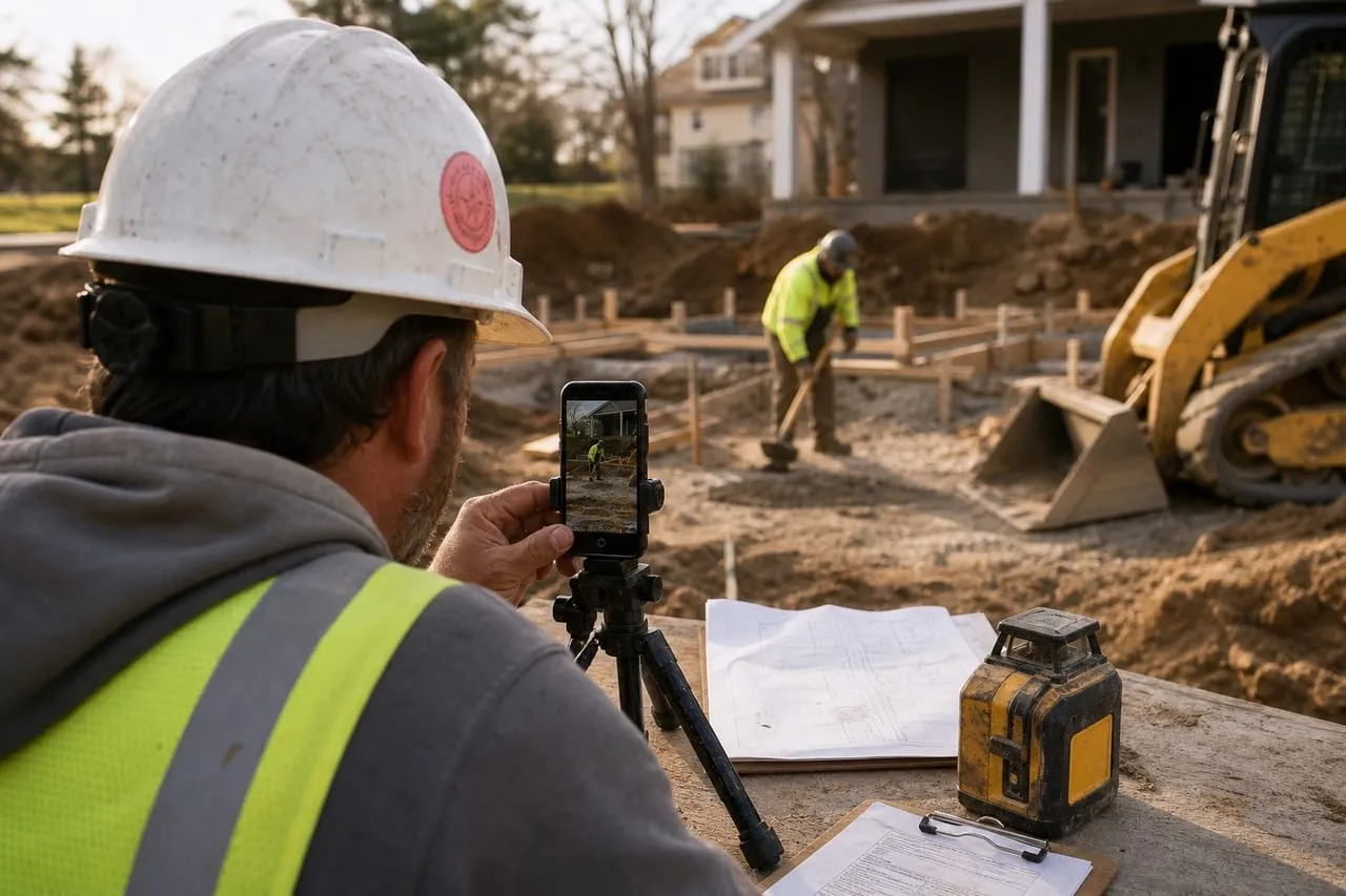 A phone on a small tripod filming a site contractor at work, in a natural documentary style.