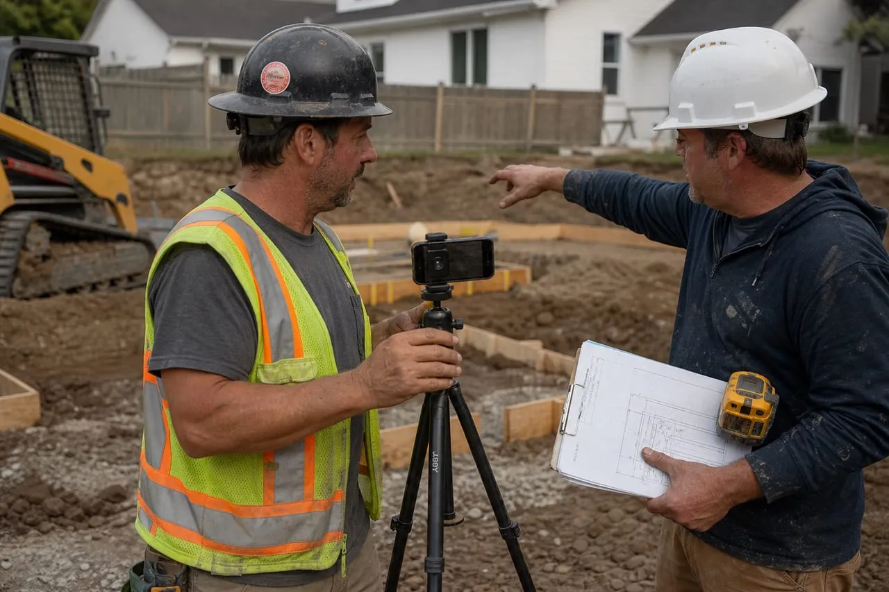 A phone tripod set up while a site contractor demonstrates equipment, in a natural documentary style.