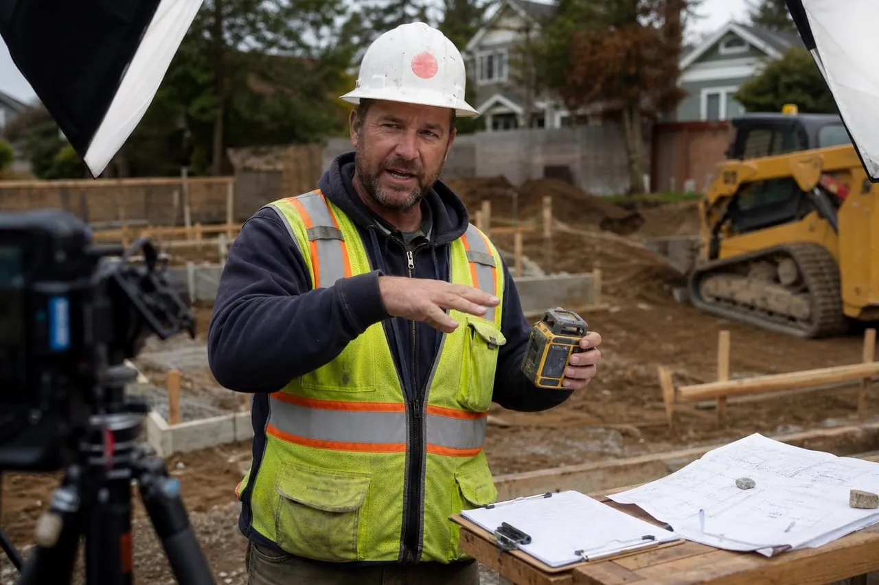 A site contractor explaining a technique to an off-frame camera in the workshop, in a natural documentary style.