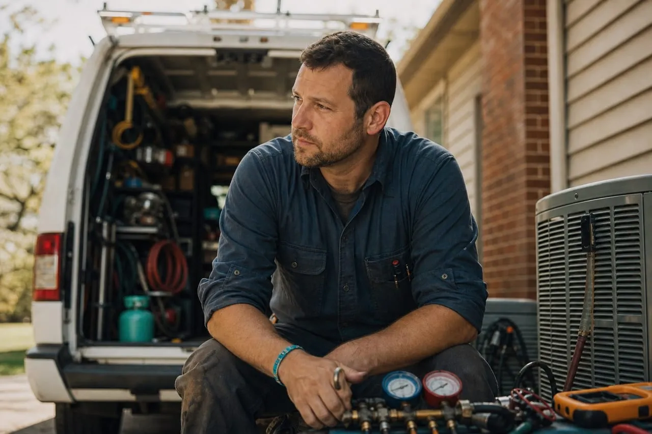 An HVAC technician installing a yard sign at the curb of a finished job, in a natural documentary style.