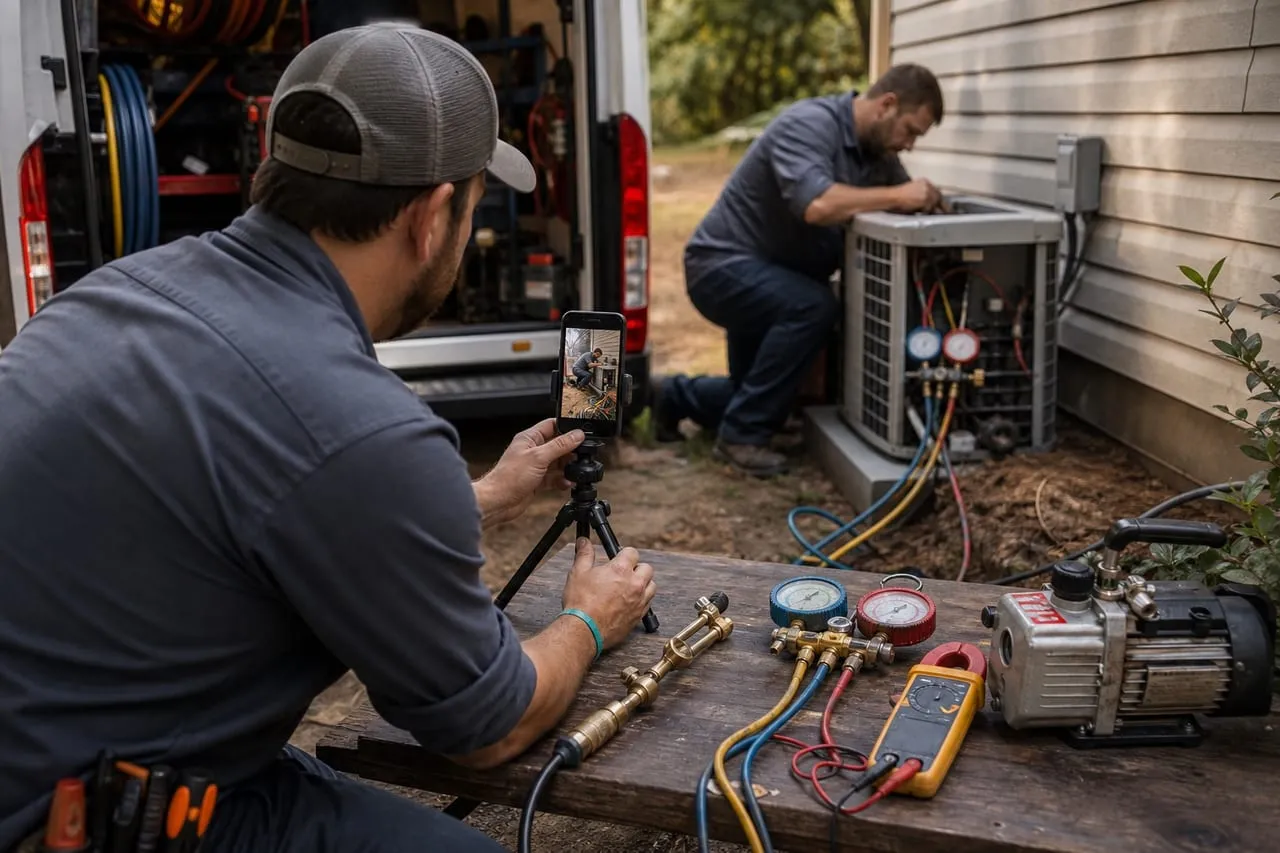 A phone on a small tripod filming an HVAC technician at work, in a natural documentary style.