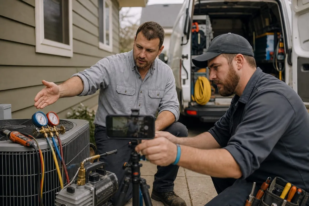 A phone tripod set up while an HVAC technician demonstrates equipment, in a natural documentary style.