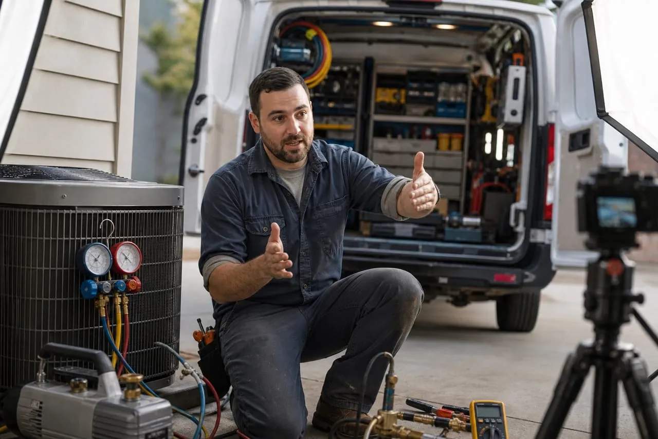 An HVAC technician explaining a technique to an off-frame camera in the workshop, in a natural documentary style.