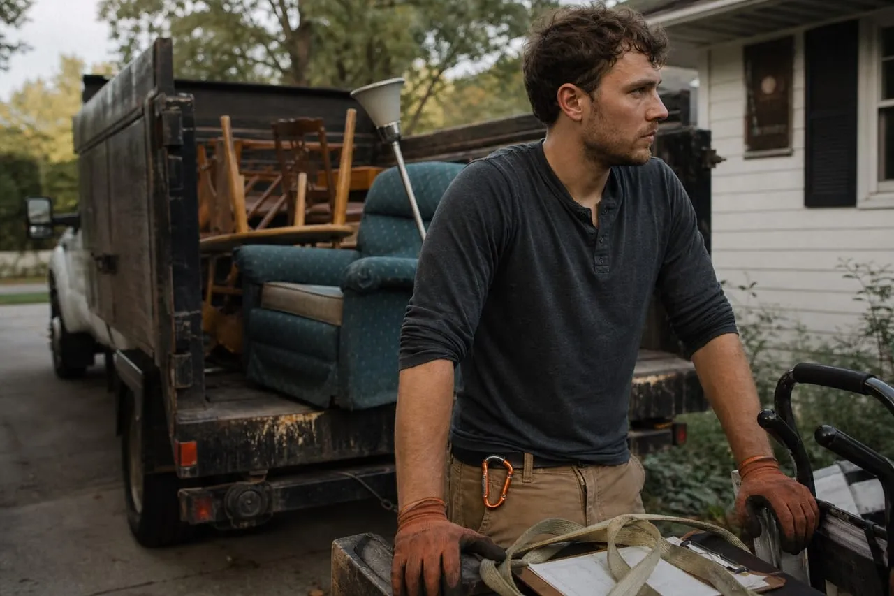 A junk removal operator installing a yard sign at the curb of a finished job, in a natural documentary style.