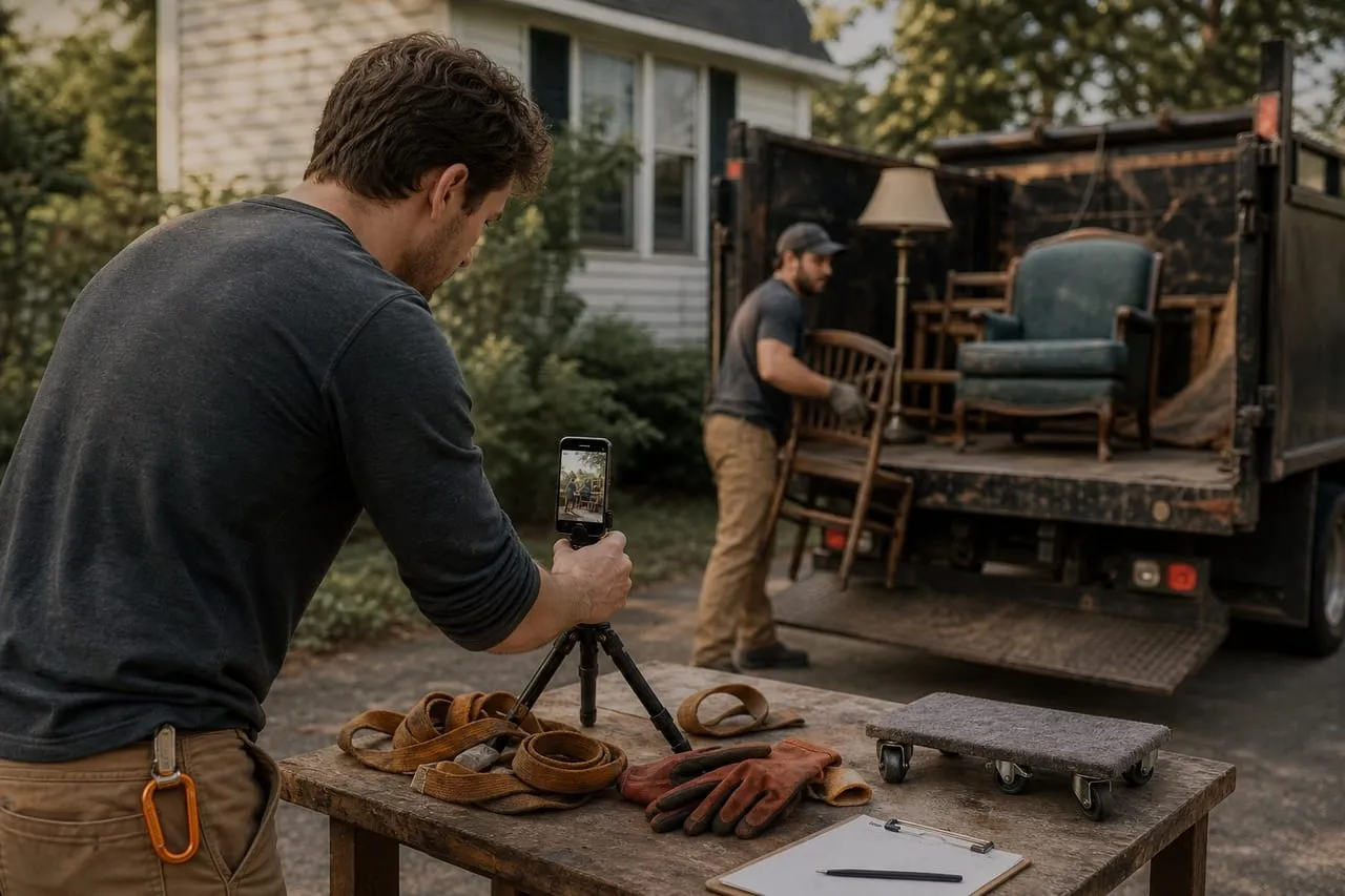 A phone on a small tripod filming a junk removal operator at work, in a natural documentary style.