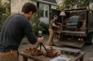 A phone on a small tripod filming a junk removal operator at work, in a natural documentary style.