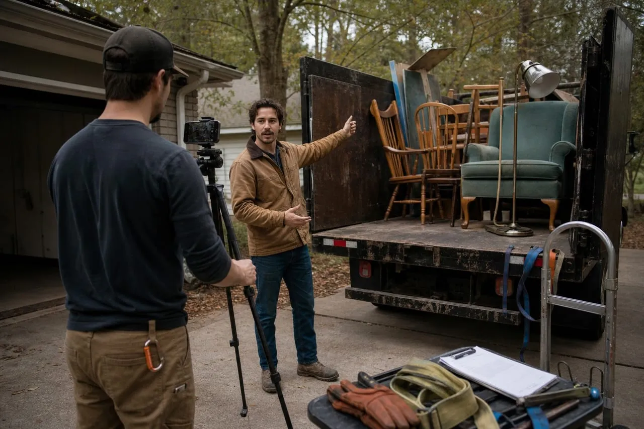 A phone tripod set up while a junk removal operator demonstrates equipment, in a natural documentary style.