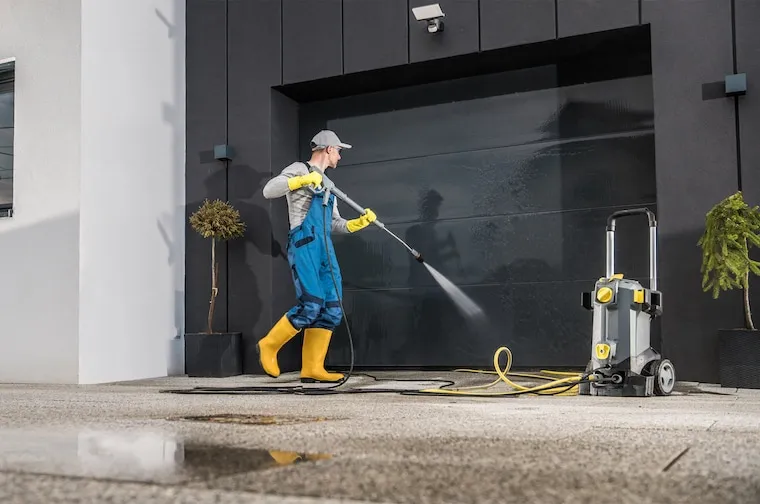 A pressure washing technician hanging a door hanger flyer on a suburban house in a neighborhood of similar homes, in a natural documentary style.