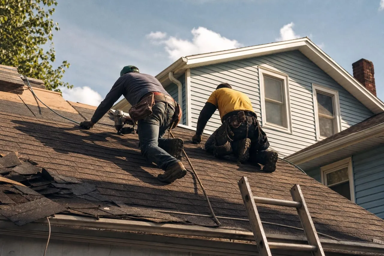 Two roofers laying fresh shingles on a residential roof on a sunny afternoon, shot from a low angle with sky and the neighbor's siding visible.