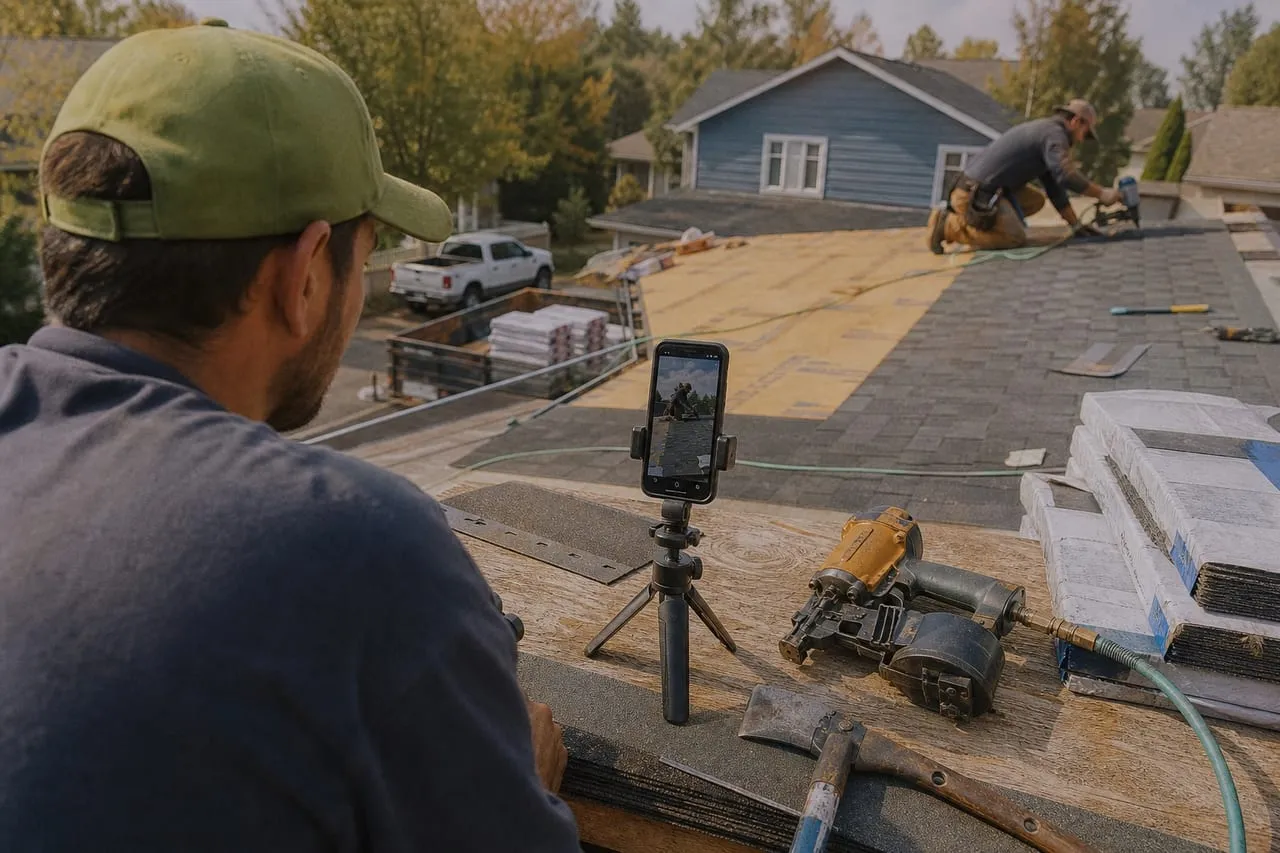 A phone on a small tripod filming a roofing contractor at work, in a natural documentary style.