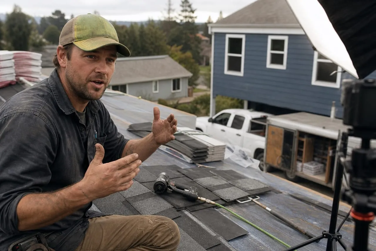 A roofing contractor explaining a technique to an off-frame camera in the workshop, in a natural documentary style.