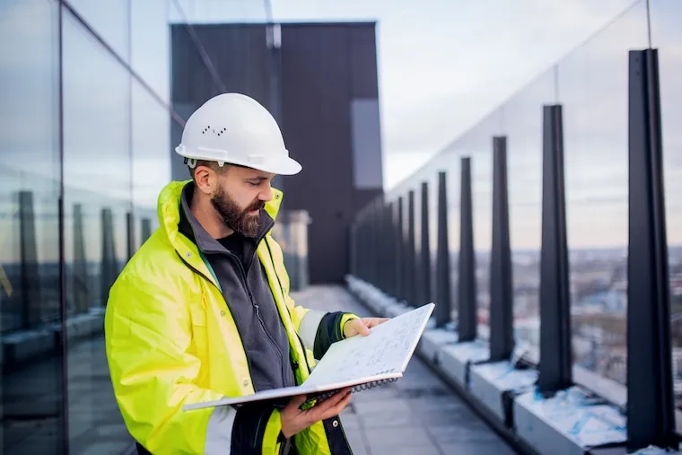 A contractor at a desk filing business registration paperwork with a laptop and a hard hat beside the documents, natural documentary style.
