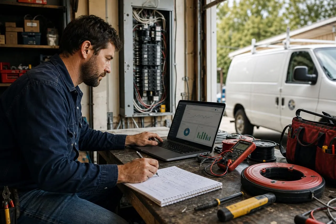 An electrician reviewing an ad dashboard on a laptop at a workbench, in a natural documentary style.