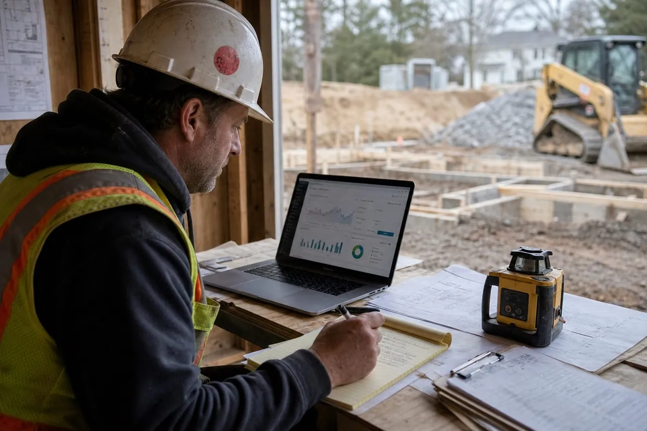 A site contractor reviewing an ad dashboard on a laptop at a workbench, in a natural documentary style.