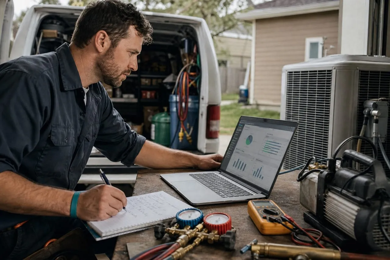 An HVAC technician reviewing an ad dashboard on a laptop at a workbench, in a natural documentary style.