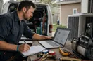 An HVAC technician reviewing an ad dashboard on a laptop at a workbench, in a natural documentary style.