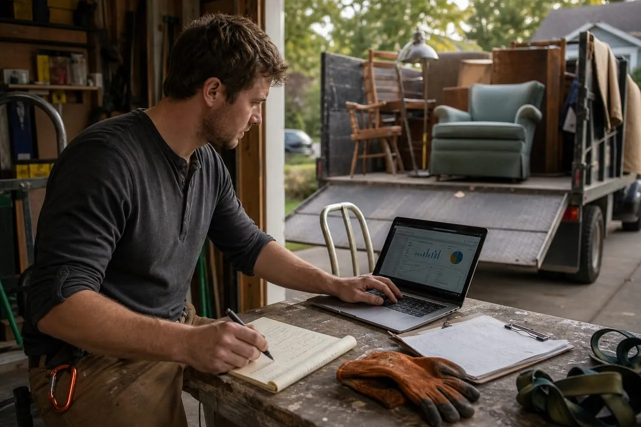 A junk removal operator reviewing an ad dashboard on a laptop at a workbench, in a natural documentary style.