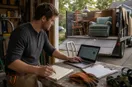 A junk removal operator reviewing an ad dashboard on a laptop at a workbench, in a natural documentary style.