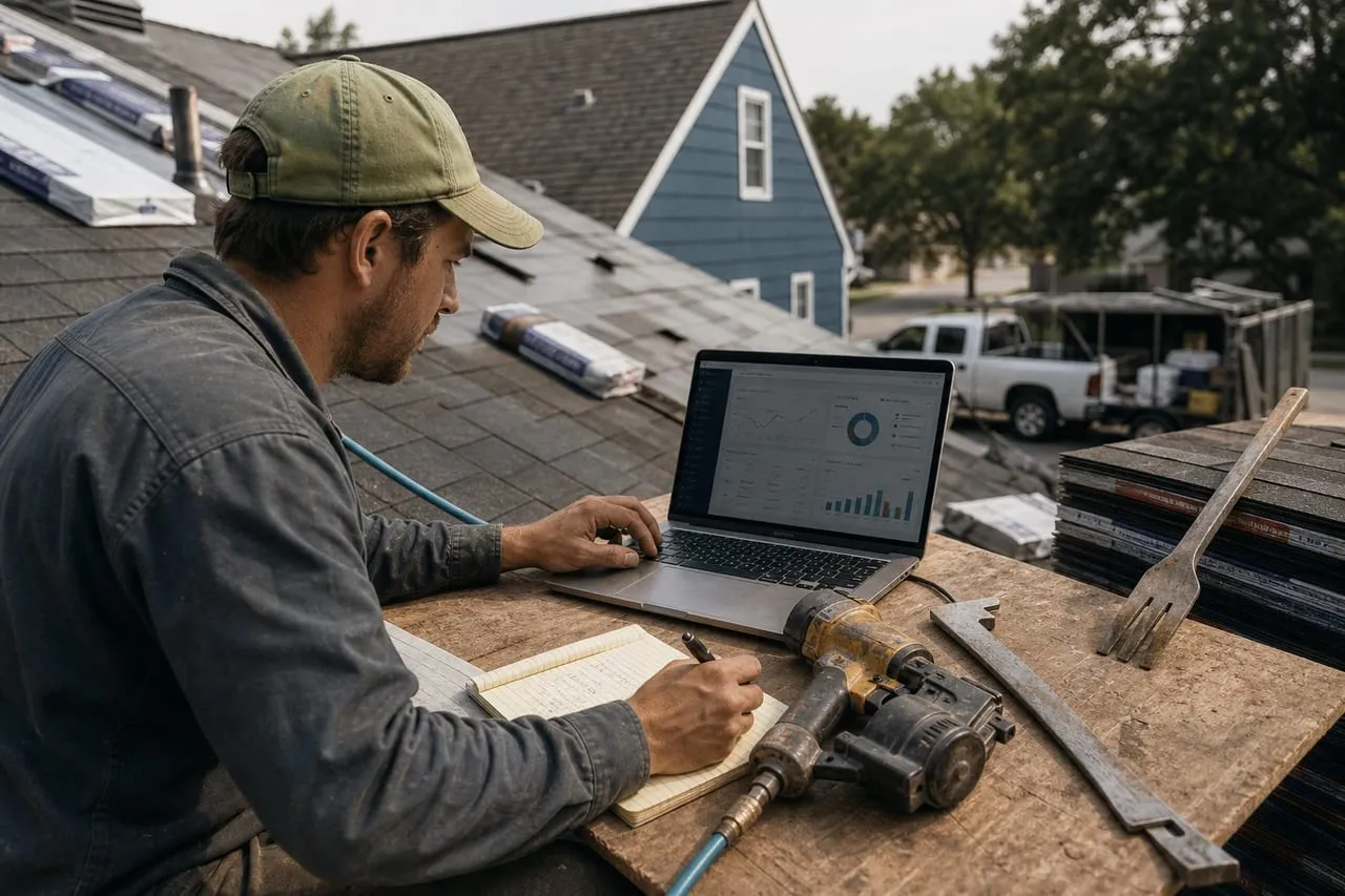 A roofing contractor reviewing an ad dashboard on a laptop at a workbench, in a natural documentary style.