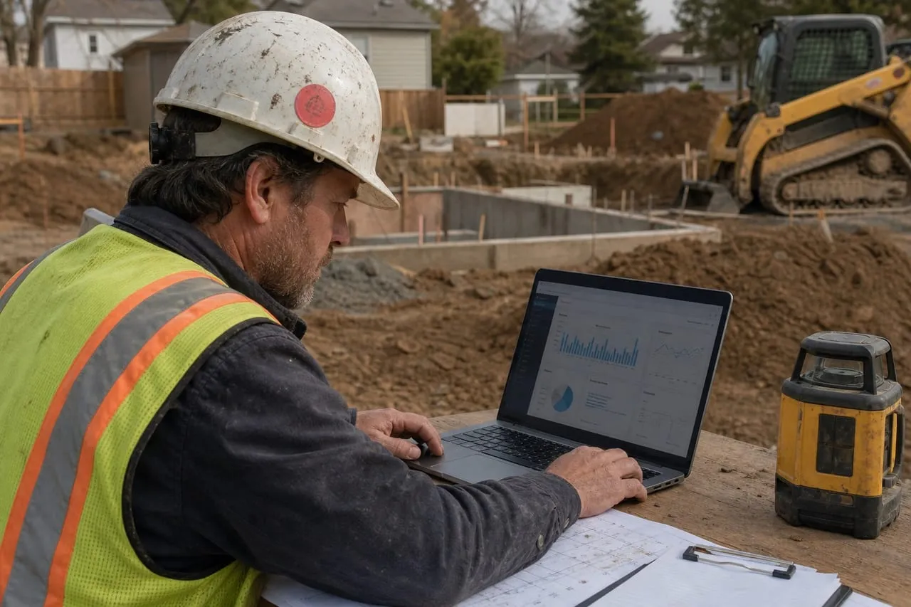 A site contractor studying an ads dashboard with charts on a laptop, in a natural documentary style.