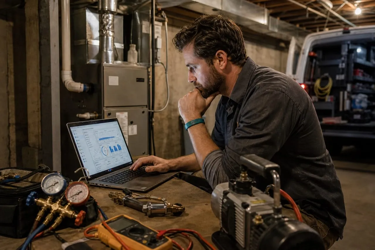 An HVAC technician studying an ads dashboard with charts on a laptop, in a natural documentary style.