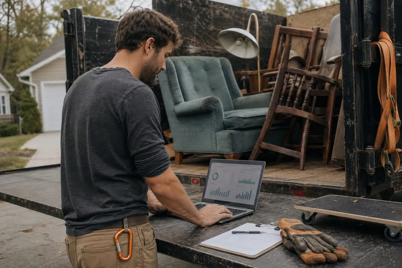 A junk removal operator studying an ads dashboard with charts on a laptop, in a natural documentary style.
