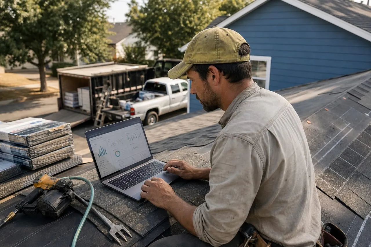 A roofing contractor studying an ads dashboard with charts on a laptop, in a natural documentary style.