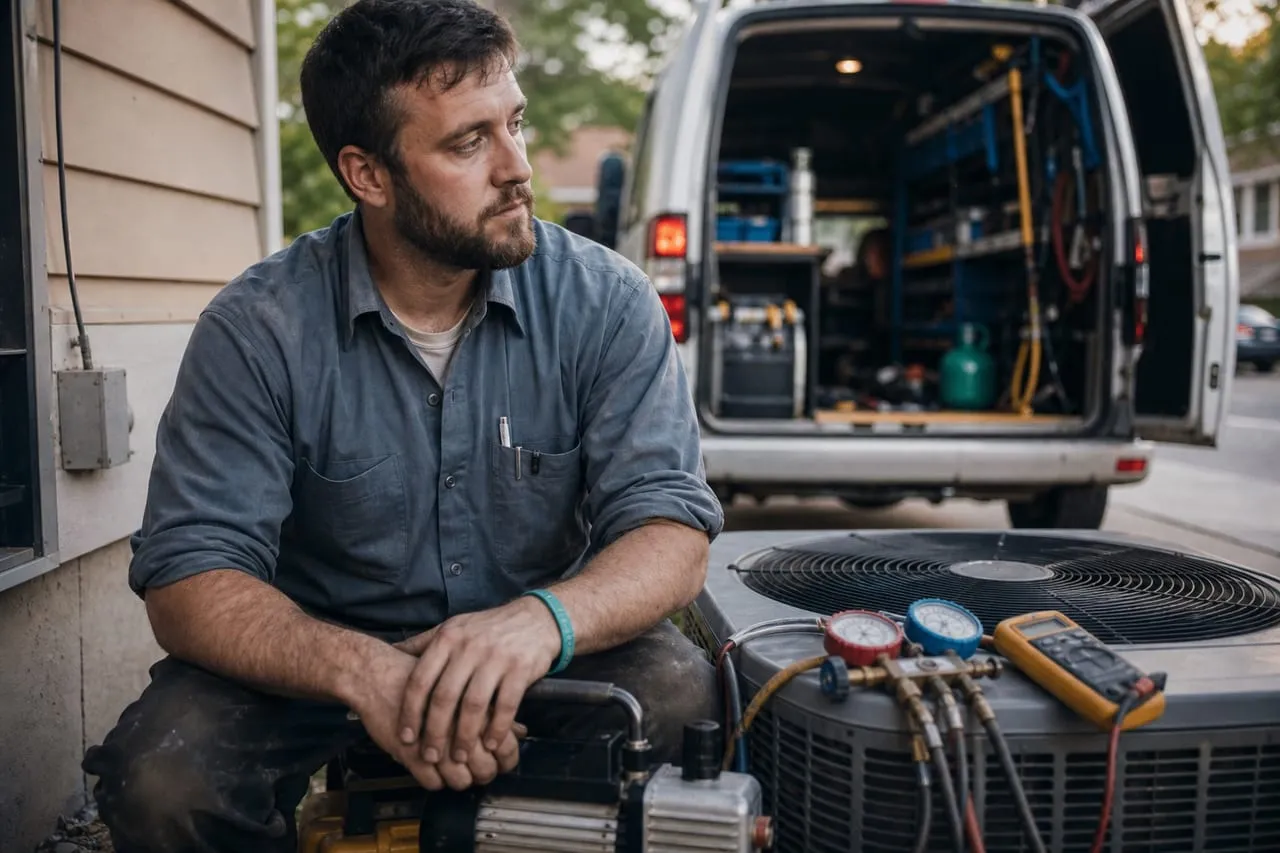 An HVAC technician unlocking the door of a small shop for the first time at golden hour, in a natural documentary style.