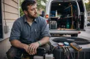 An HVAC technician unlocking the door of a small shop for the first time at golden hour, in a natural documentary style.