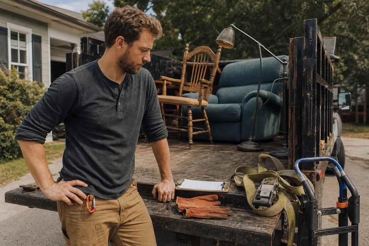A junk removal operator unlocking the door of a small shop for the first time at golden hour, in a natural documentary style.