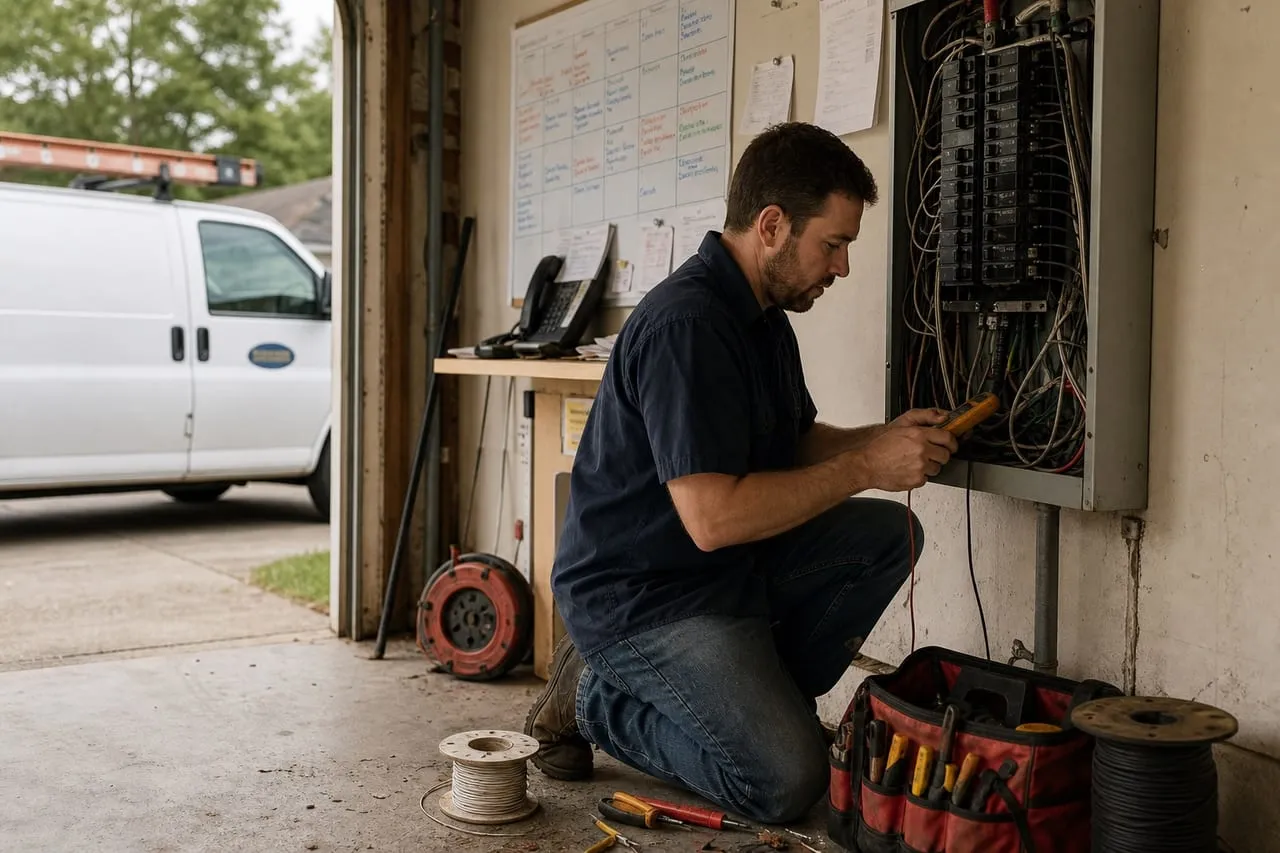 An electrician coordinating the day's schedule at a small dispatch desk, in a natural documentary style.