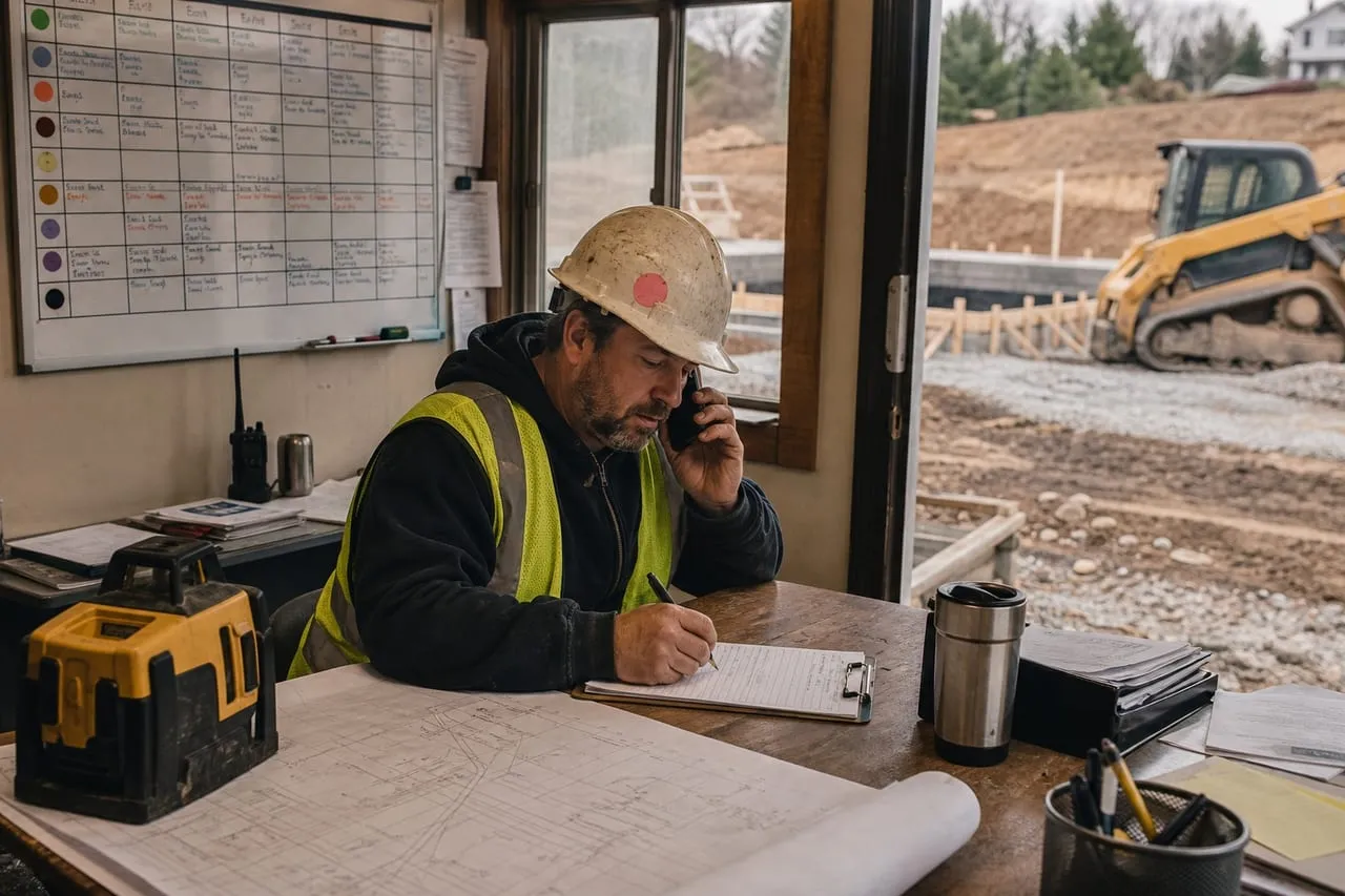 A site contractor coordinating the day's schedule at a small dispatch desk, in a natural documentary style.
