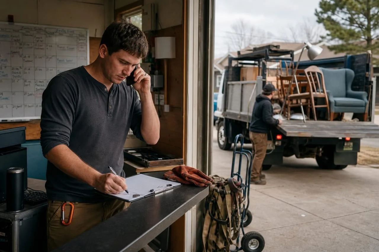 A junk removal operator coordinating the day's schedule at a small dispatch desk, in a natural documentary style.